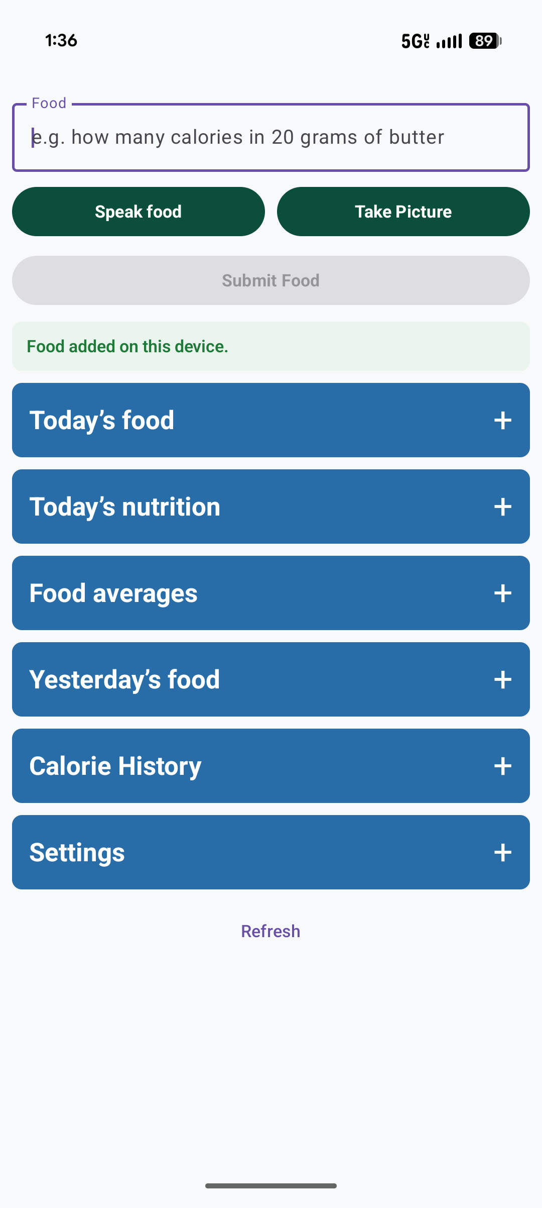 Daily Meal Tracker on Android showing food entry options and expandable sections for today's food, nutrition, averages, calorie history, and settings.