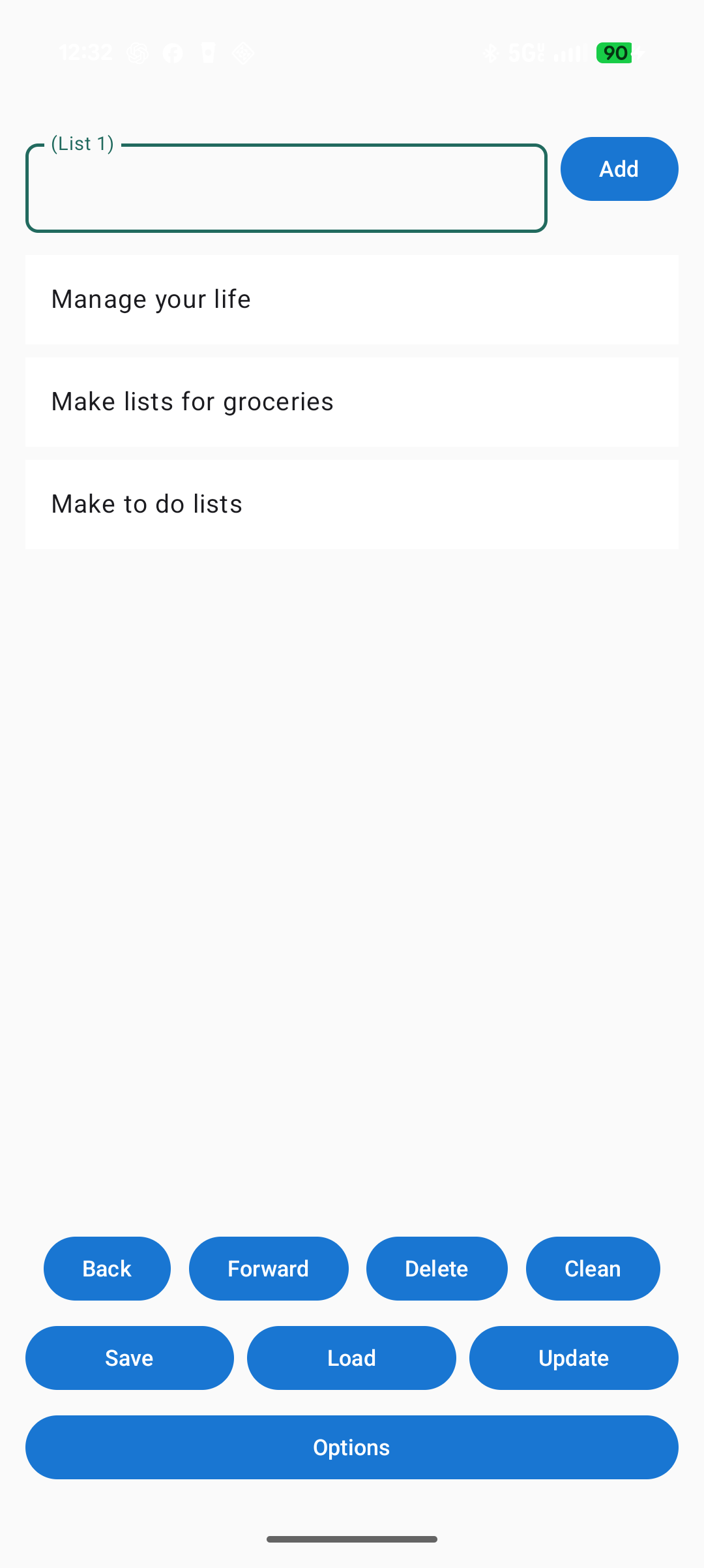 Daily List showing an entry field, example tasks, and controls to save, load, update, and manage a list.